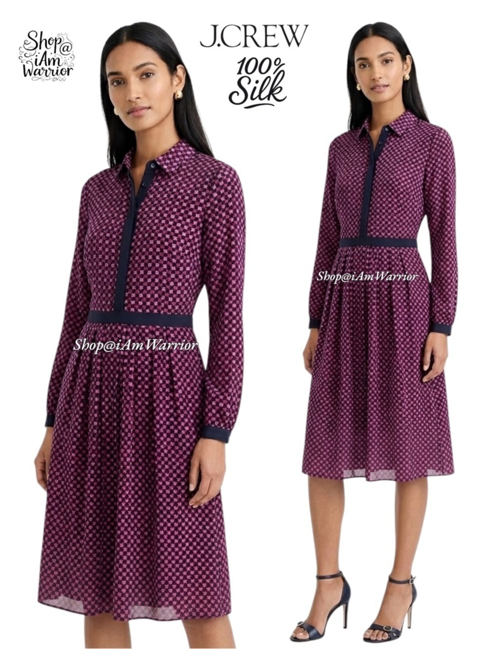 J.Crew silk chiffon navy & pink houndstooth shirt dress *shop@iamwarrior